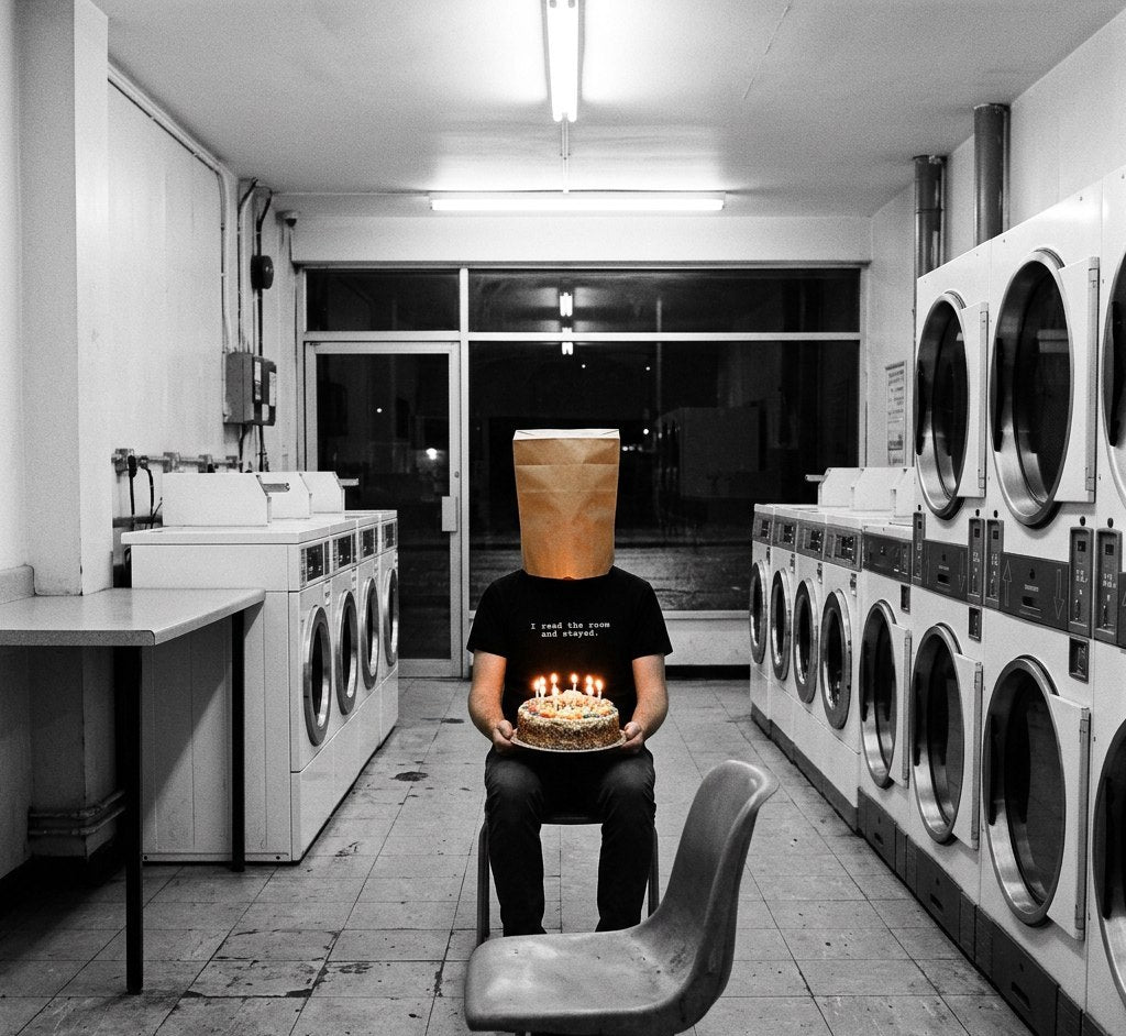 A person with a paper bag over the head, in a shirt with a sentence on it, in a place that did not expect them. Everyone else is in black and white.