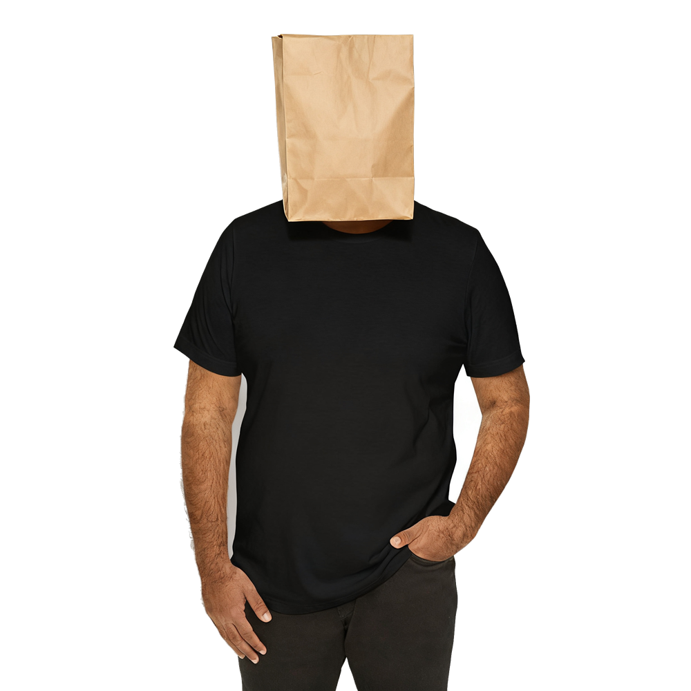 A person with a paper bag over the head, in a shirt with a sentence on it, in a place that did not expect them. Everyone else is in black and white.
