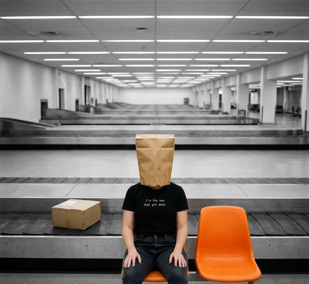 A woman sits alone on an orange chair at an empty airport baggage carousel with a paper bag over her head. One cardboard box goes round without her. Her shirt reads I'm the one that got away.