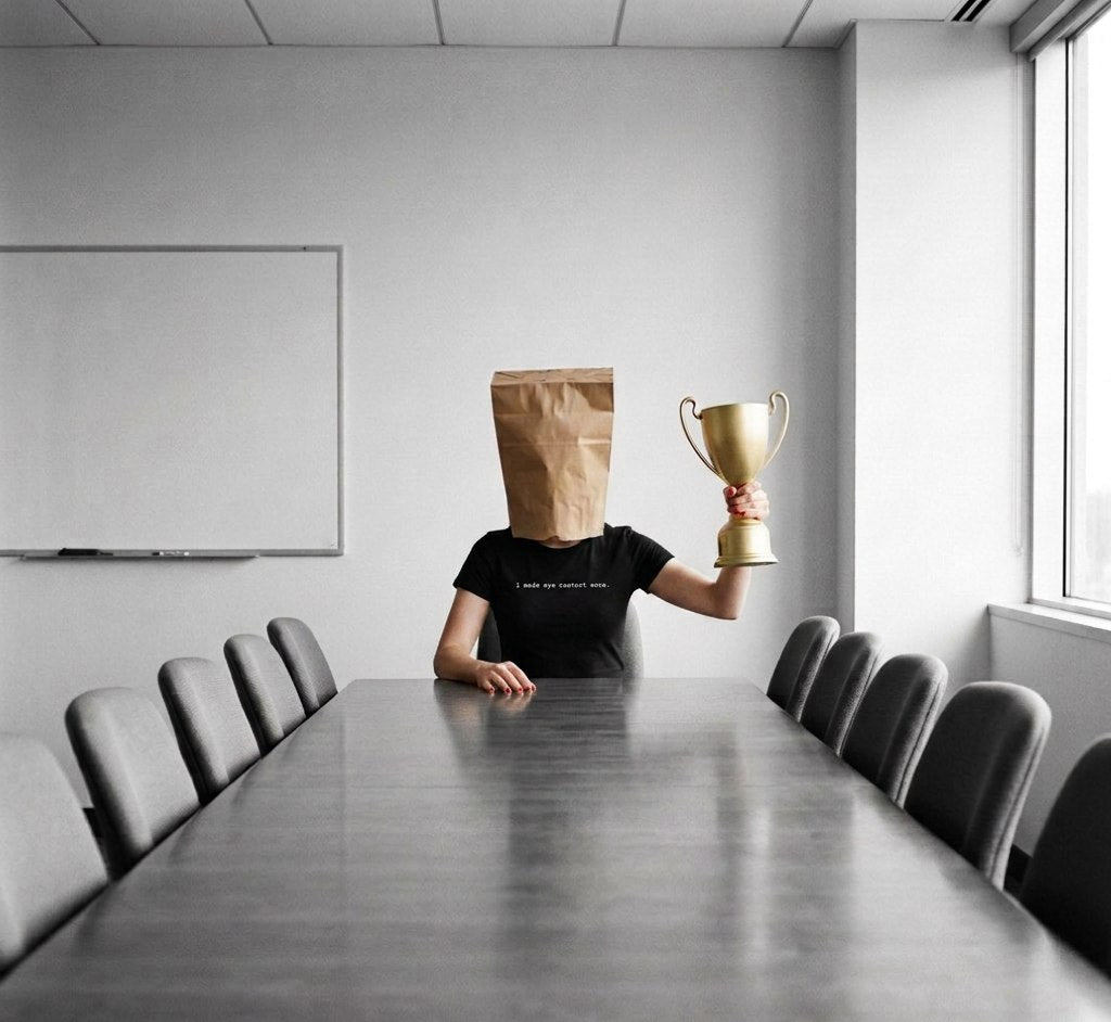 A woman sits alone at an empty boardroom table with a paper bag over her head, holding up a gold trophy. Her shirt reads I made eye contact once.