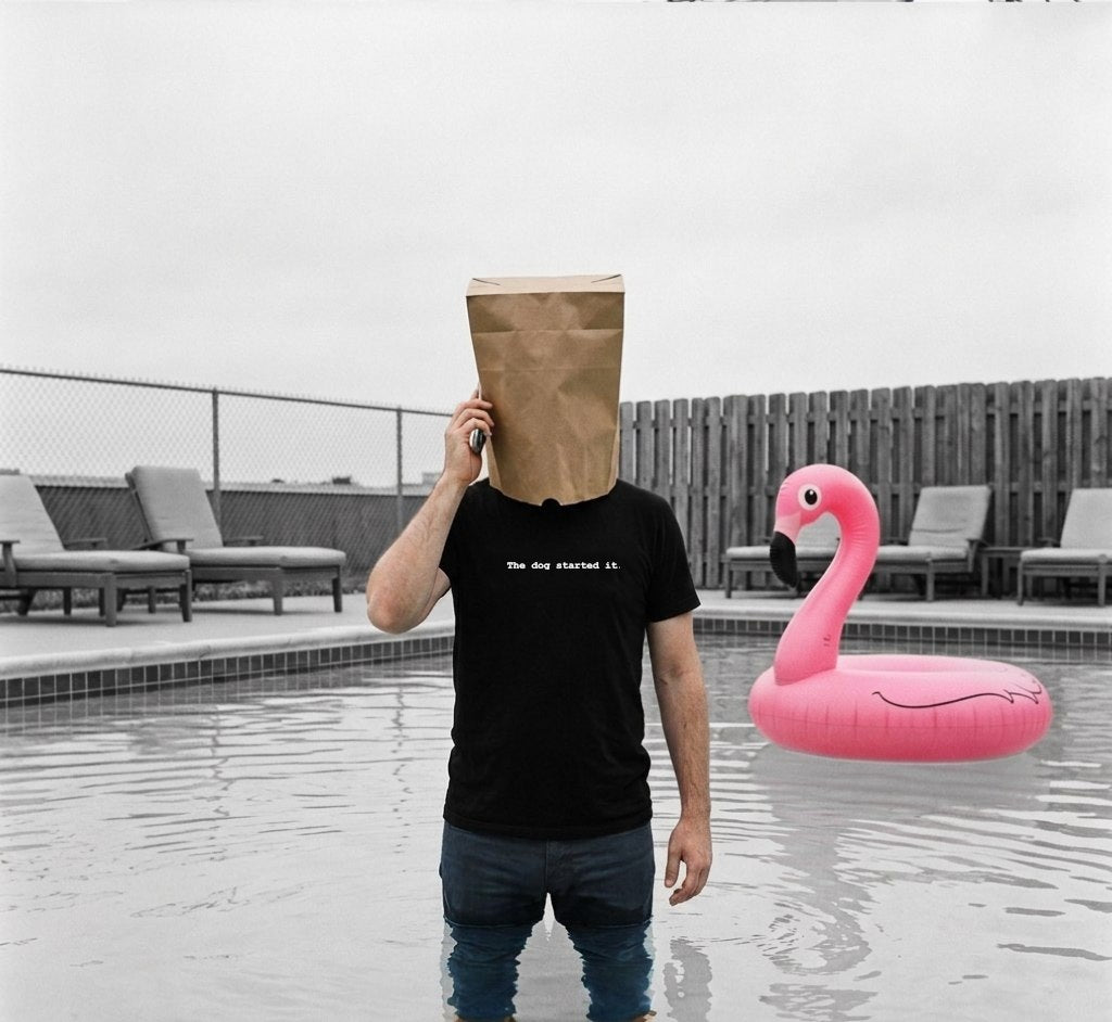 A man stands waist deep in a swimming pool with a paper bag over his head, holding a phone to his ear. A pink flamingo float sits behind him. His shirt reads The dog started it.