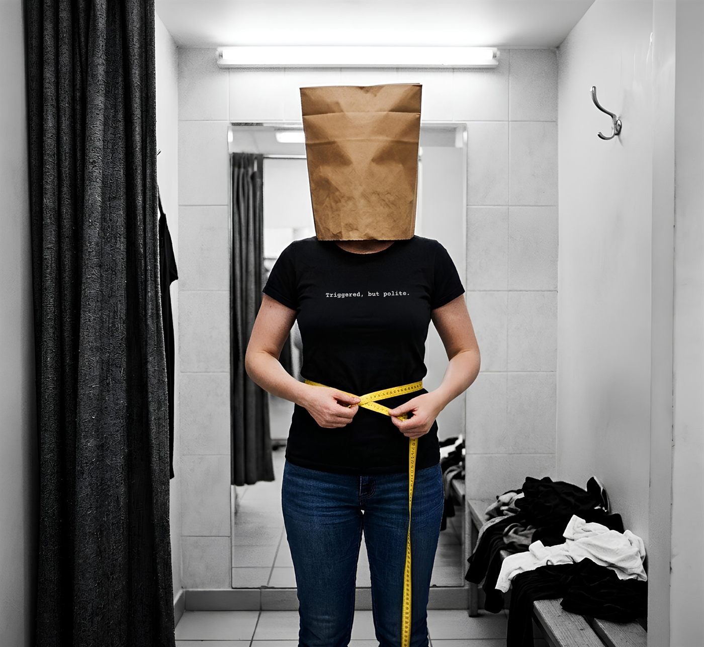 A woman in a fitting room with a paper bag over her head, measuring her waist with a yellow tape measure. Her shirt reads Triggered, but polite.
